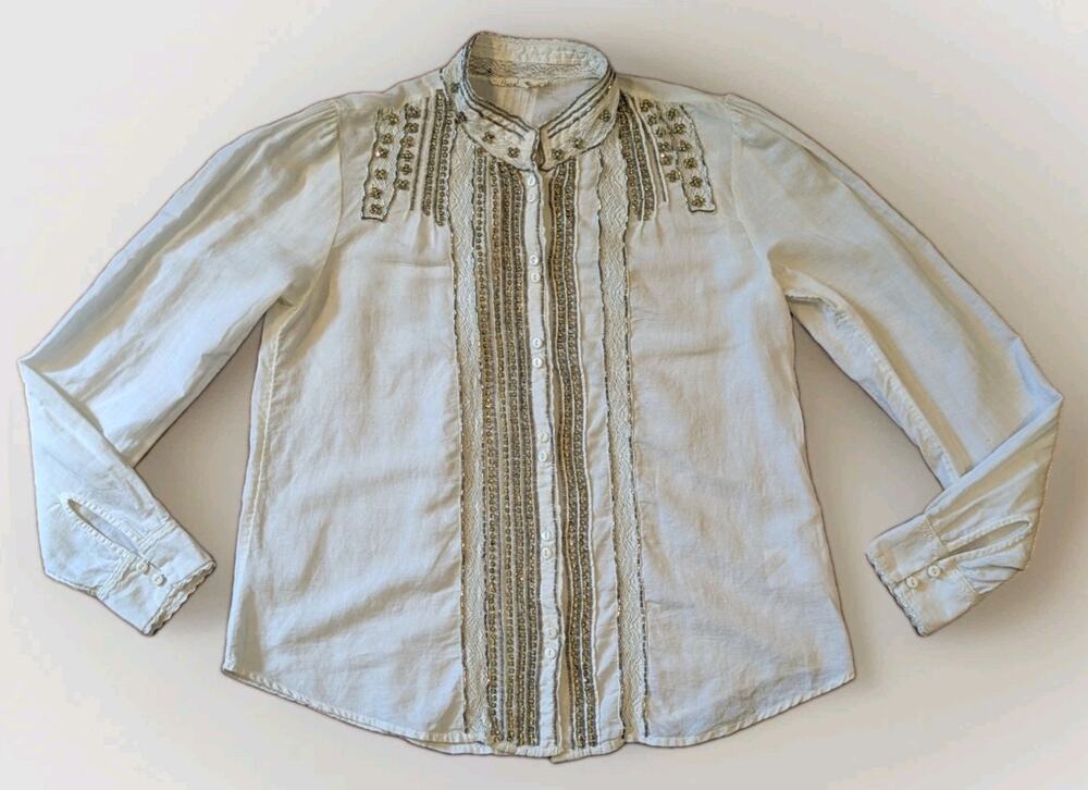 Anthropologie Floreat Blouse Size 2 Linen Cotton Beaded Lace Boho White